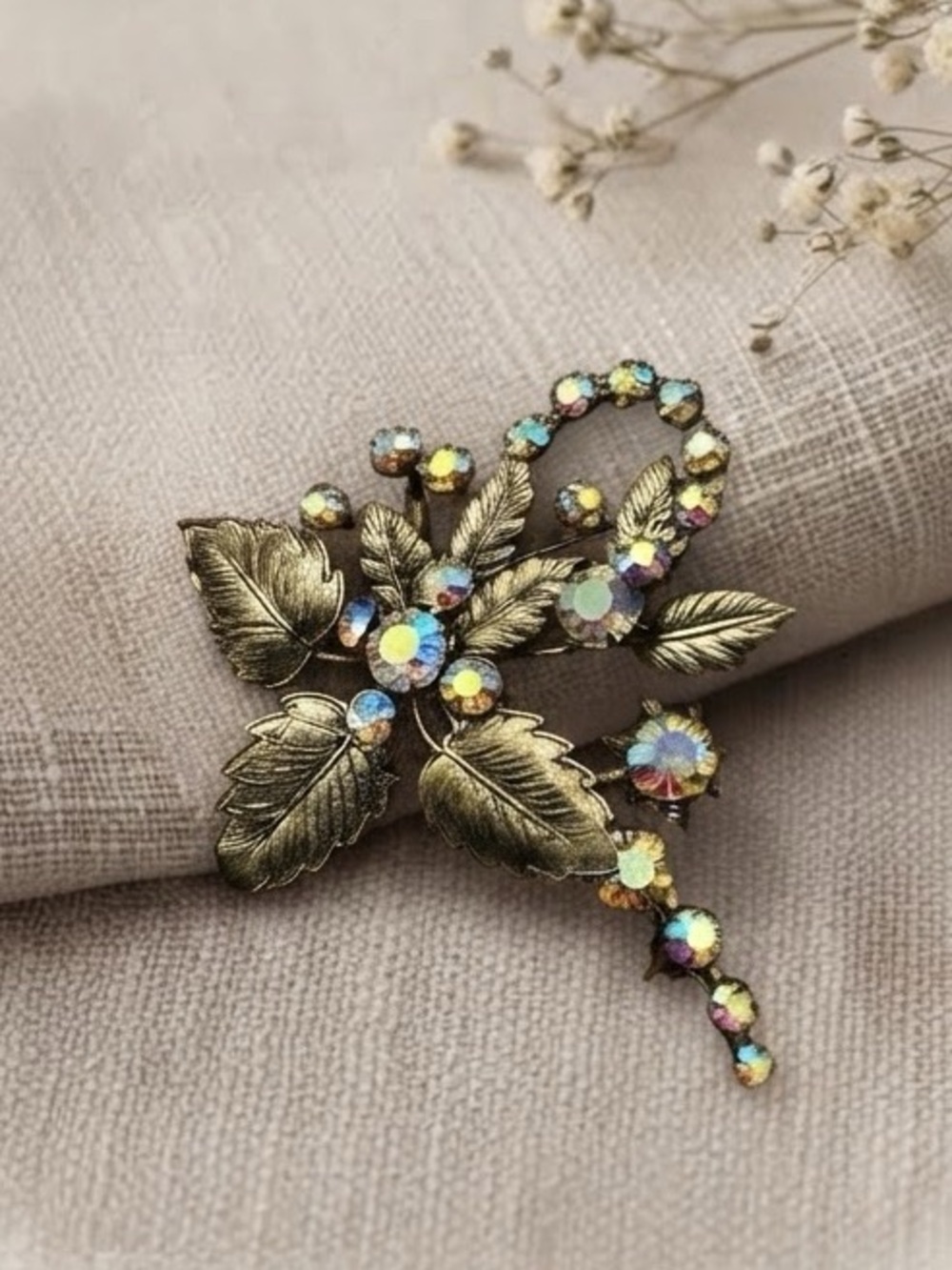 Vintage Signed Austria Aurora Borealis Rhinestone Floral Brooch